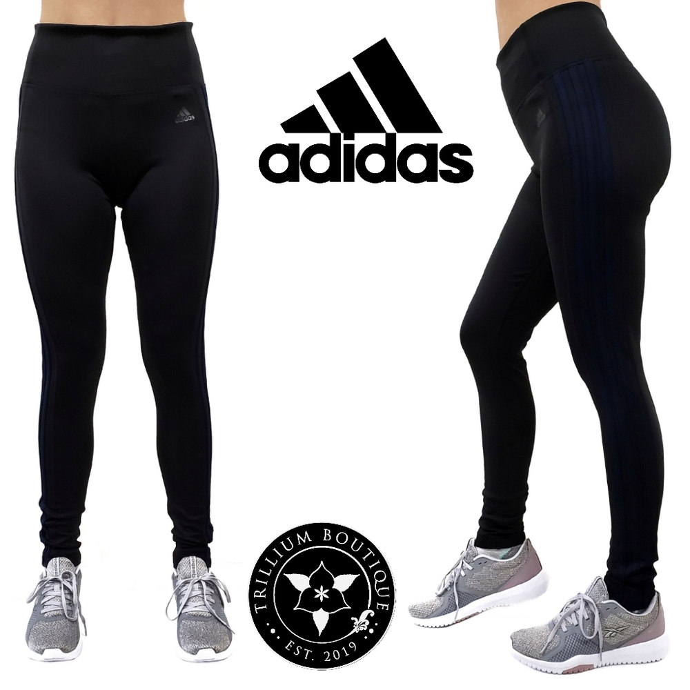 Adidas Climalite Women's 3 Stripe Tights Mid Rise (Black/Navy) NWT - Picture 1 of 7